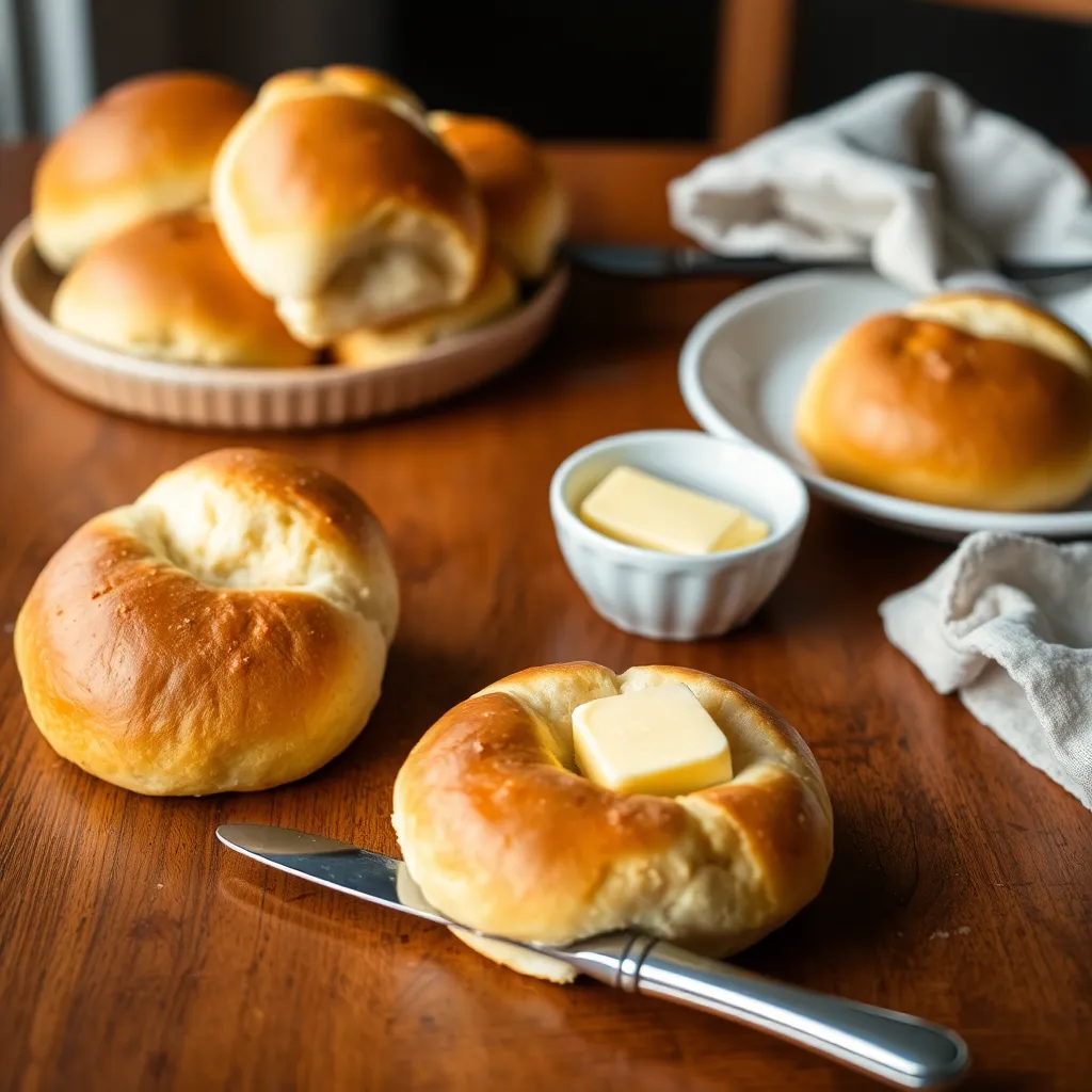 A basket filled with rolls next to a bowl of soup