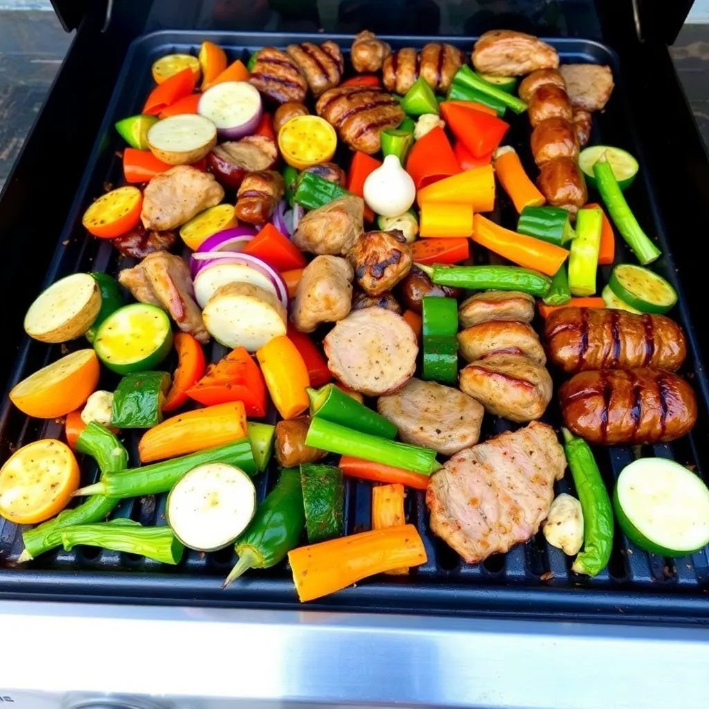 A vibrant assortment of grilled vegetables and meats sizzling on a Blackstone griddle.