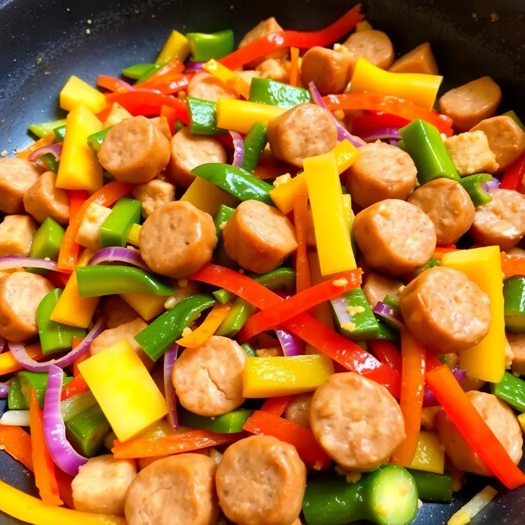 A colorful stir-fry with vibrant vegetables and sausage pieces in a sizzling pan.