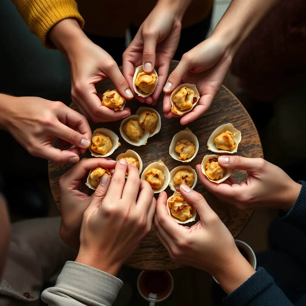 A close-up of several hands collectively cracking open savory snack shells over a small wooden table, with tea cups nearby.