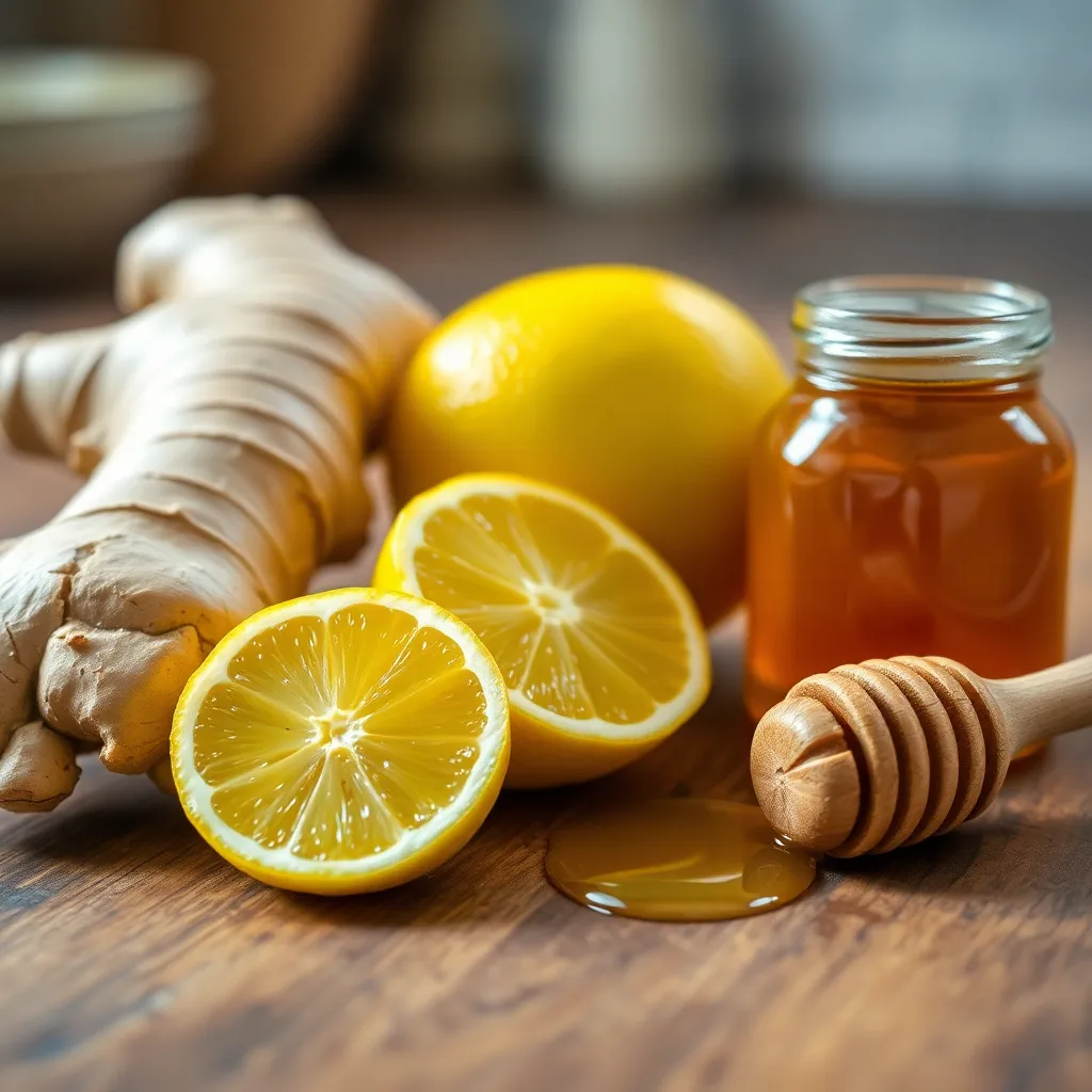 A close-up shot of ginger root, lemon, and honey on a wooden kitchen counter