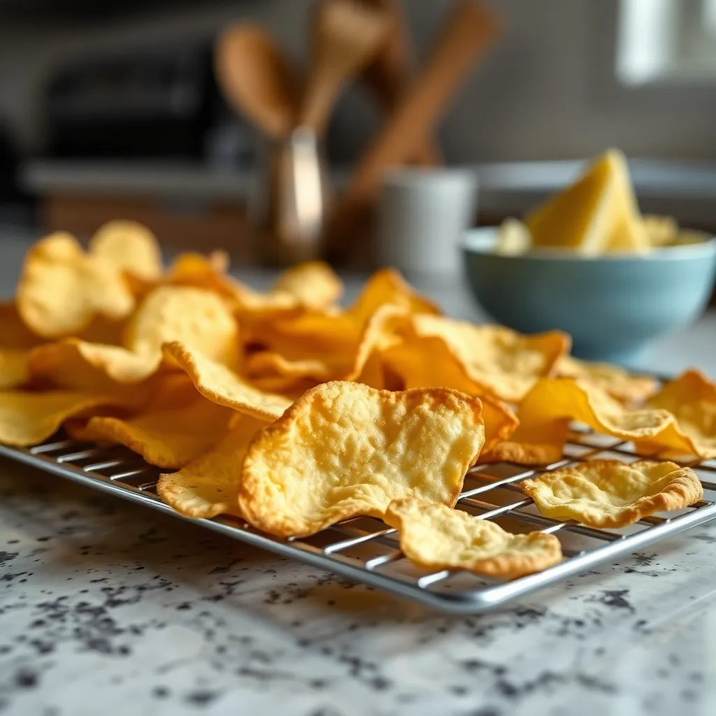 Close-up of homemade cheese chips cooling on a kitchen counter