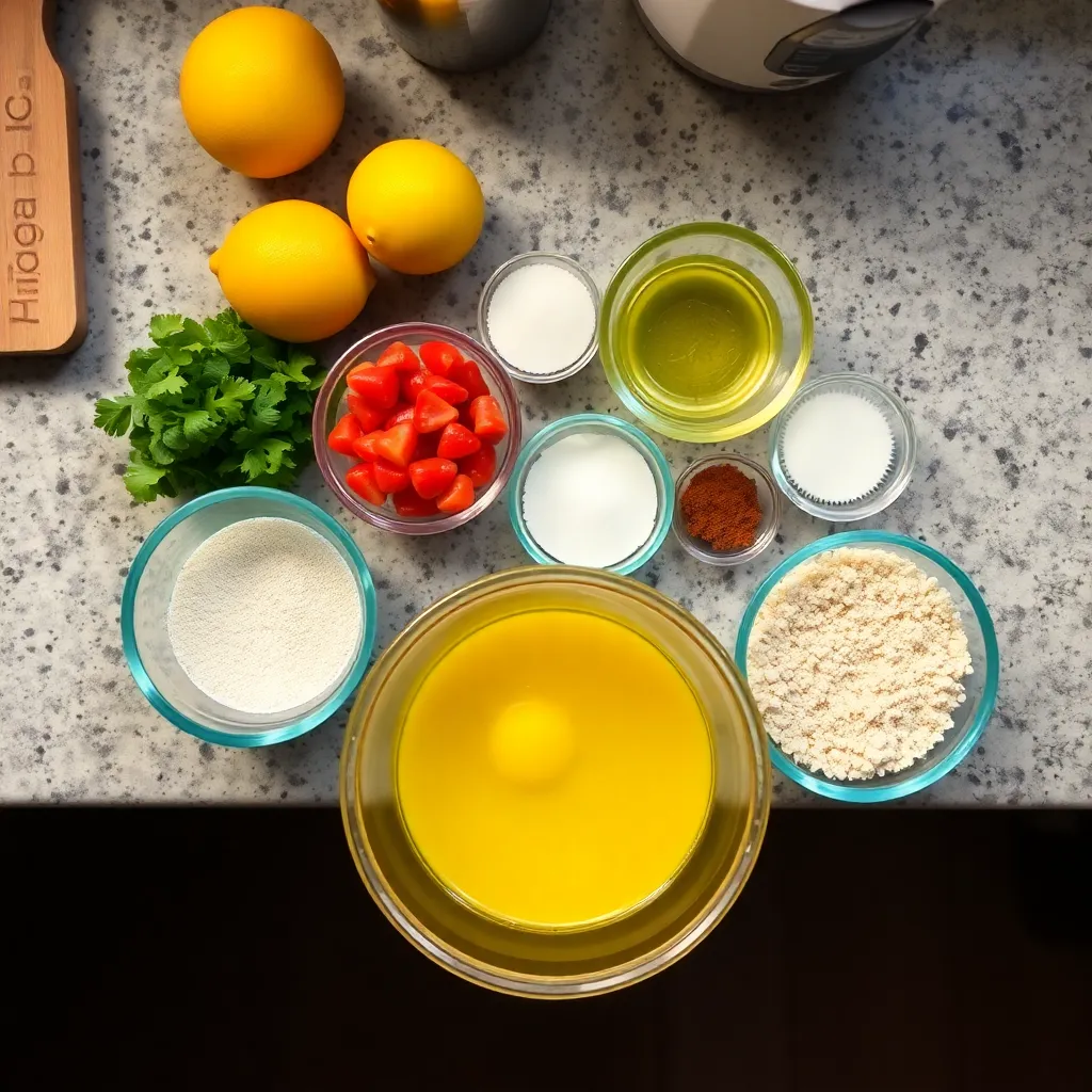 Show an overhead shot of the measured ingredients laid out on a kitchen countertop.