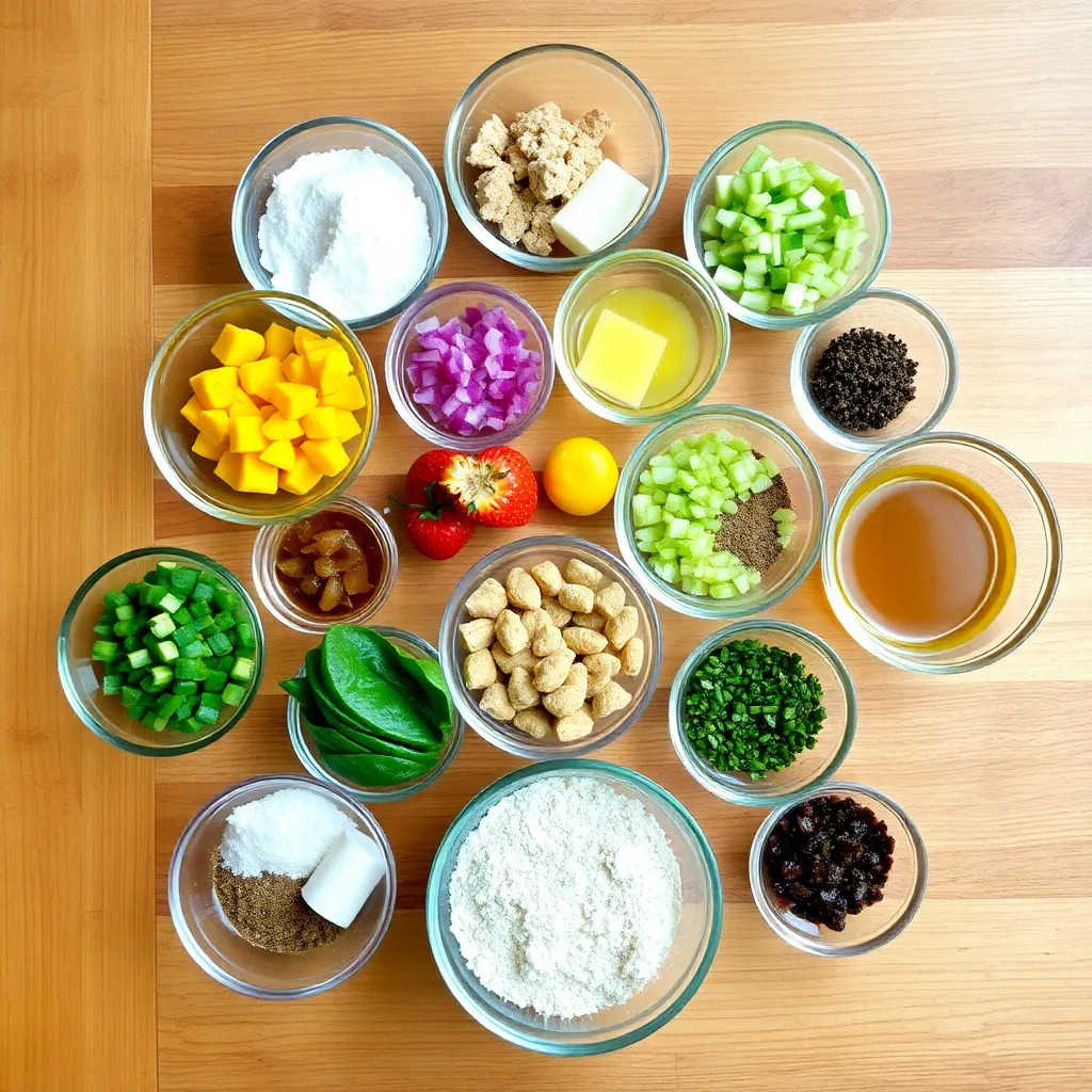 A well-lit image of all the ingredients laid out on a wooden kitchen counter, each in small bowls.