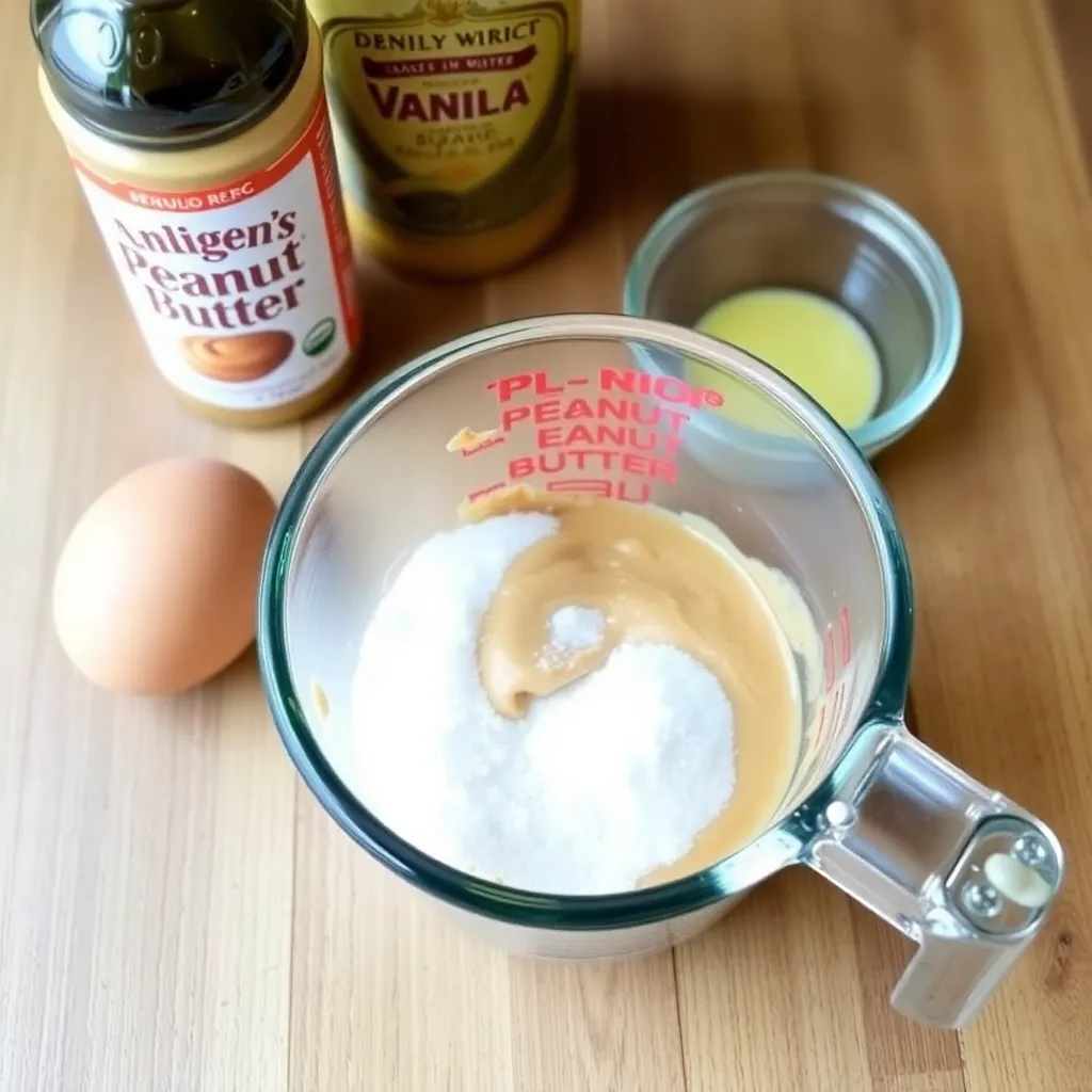 A measuring cup filled with creamy peanut butter, sugar in a bowl, an egg, and a bottle of vanilla extract on a wooden kitchen table.