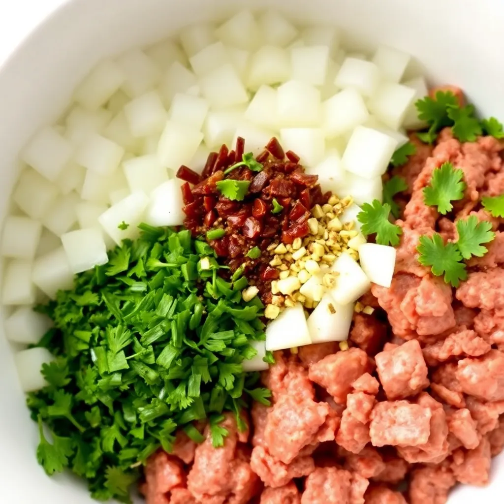 A close-up of a bowl of chopped onions, minced garlic, and fresh herbs next to the other meatloaf ingredients.