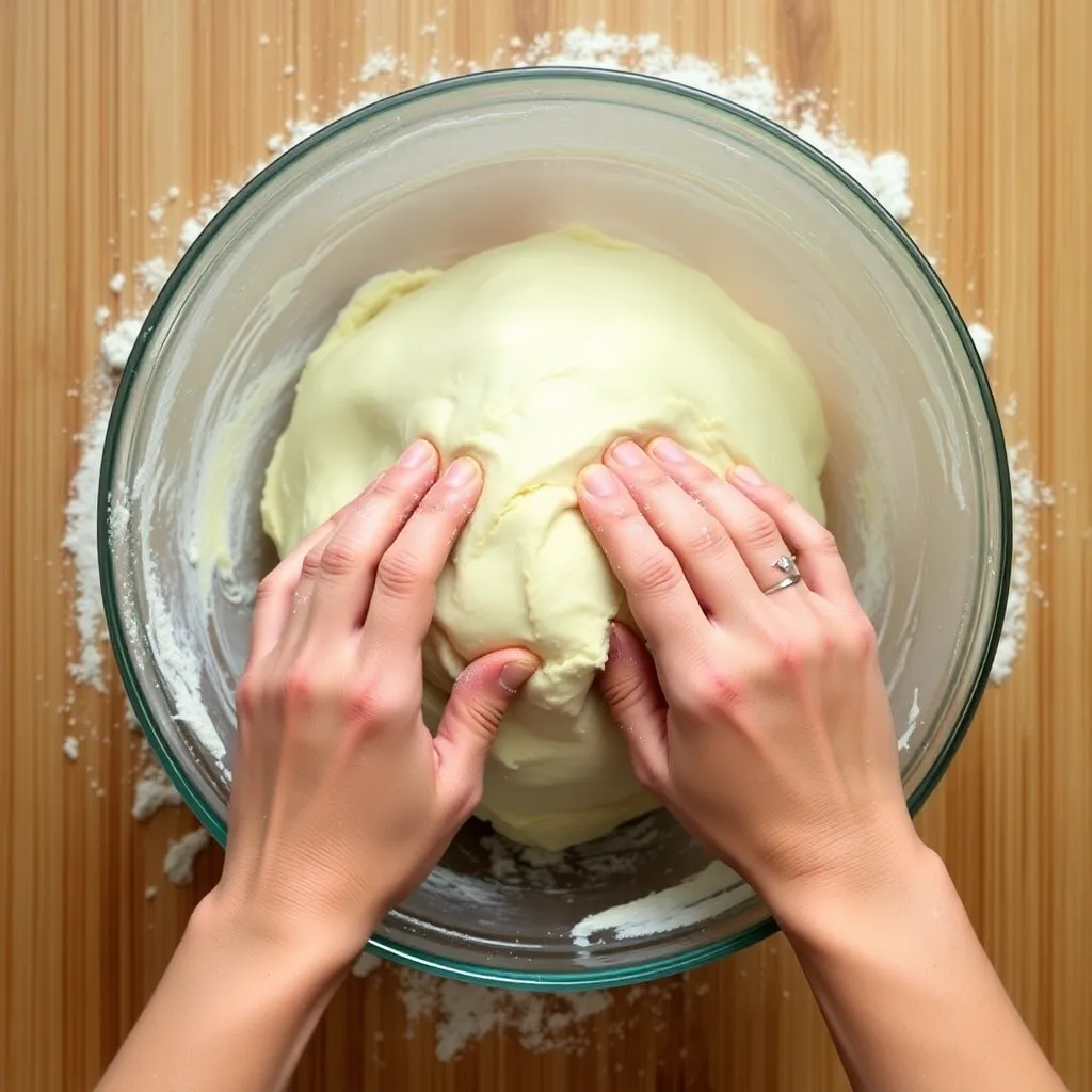 Hands kneading dough in a bowl with flour lightly scattered around.