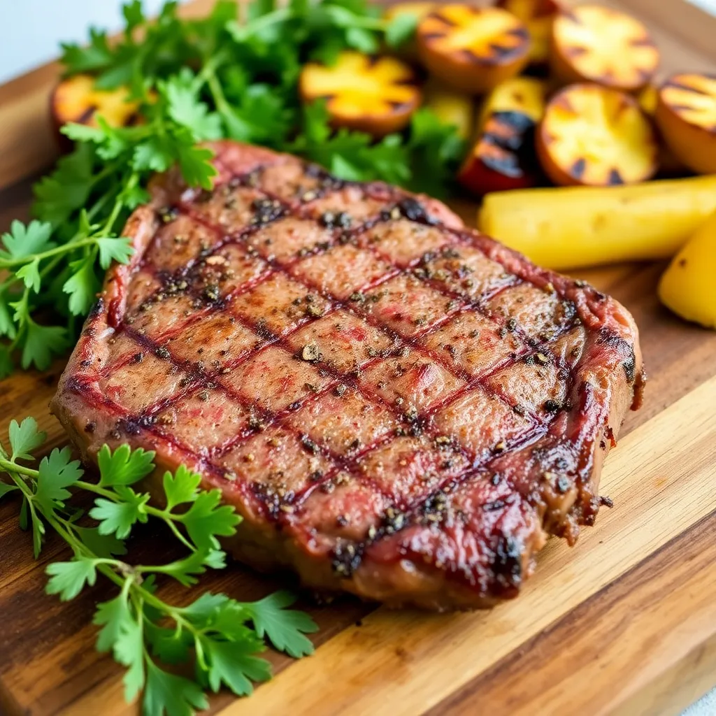 A beautifully seared Delmonico steak resting on a wooden cutting board, surrounded by fresh herbs and a side of grilled vegetables.