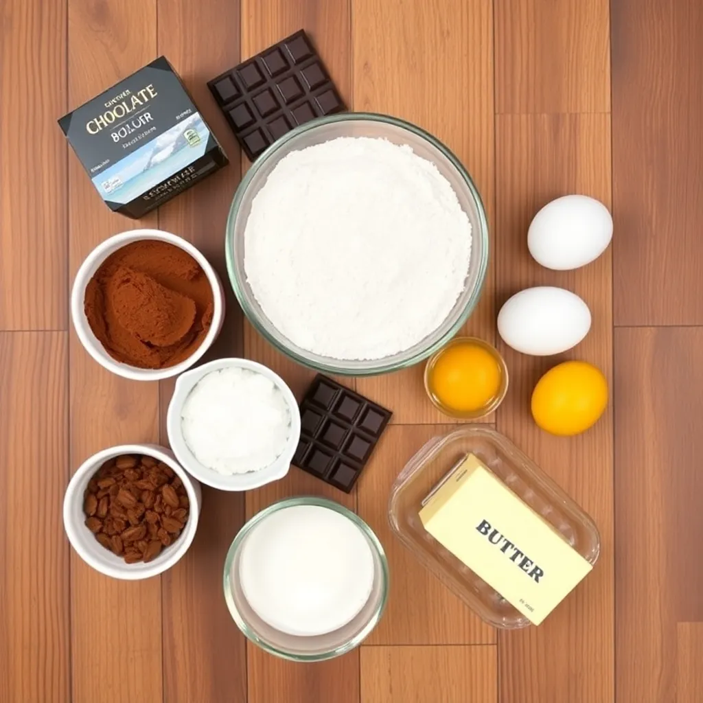 Display a top-down view of all ingredients neatly arranged on a wooden kitchen table, including cocoa powder, chocolate bars, flour, eggs, and butter.