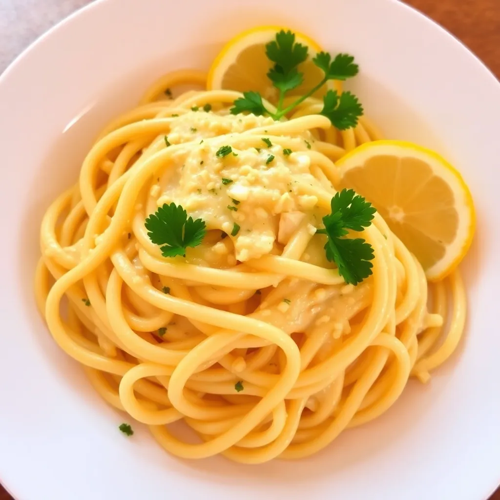 A close-up of a saucepan simmering lemon garlic butter sauce, with steam rising and fresh herbs visible around.