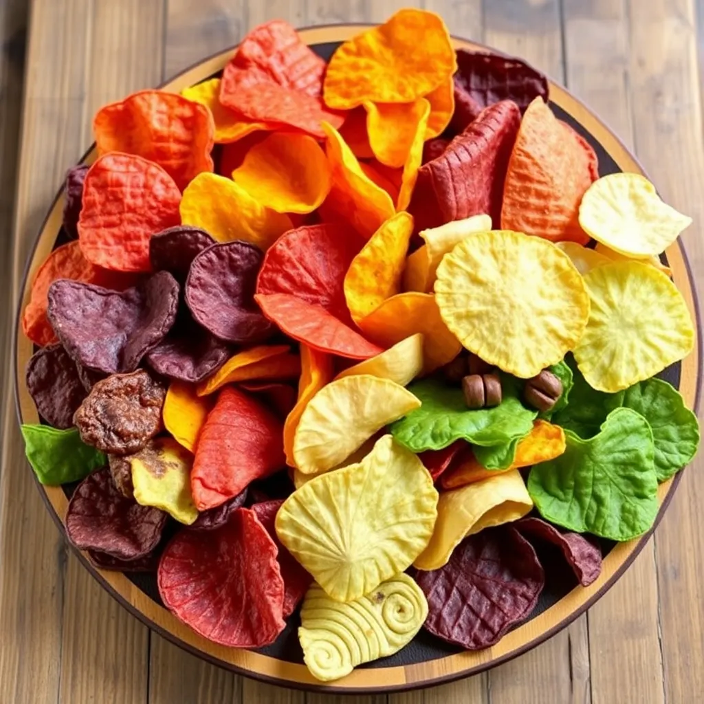 A colorful assortment of various low-carb chips on a rustic wooden board