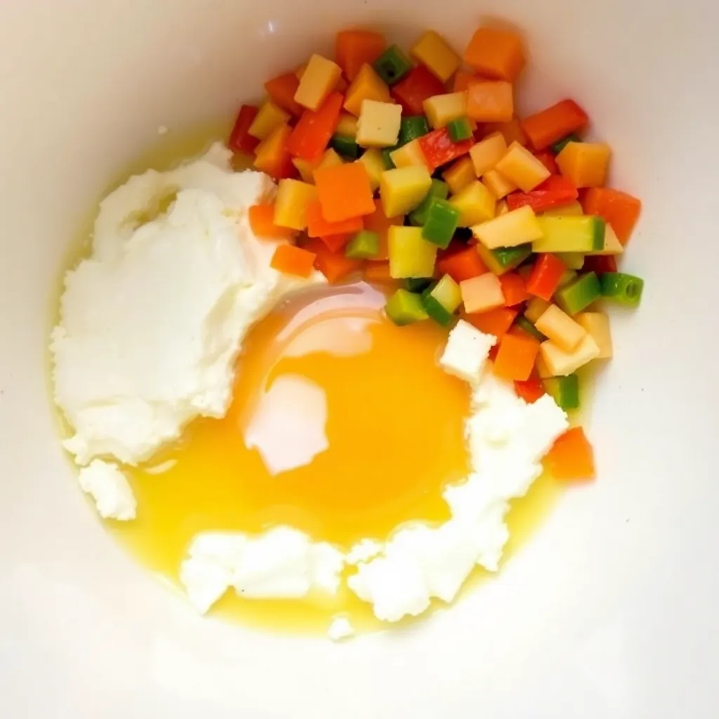 Show a close-up of a mixing bowl with the egg, cottage cheese, and colorful vegetables being gently folded together.