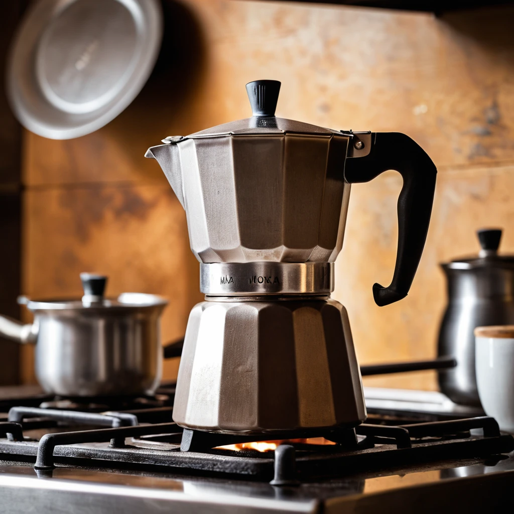 A Moka pot brewing coffee on a kitchen stove.