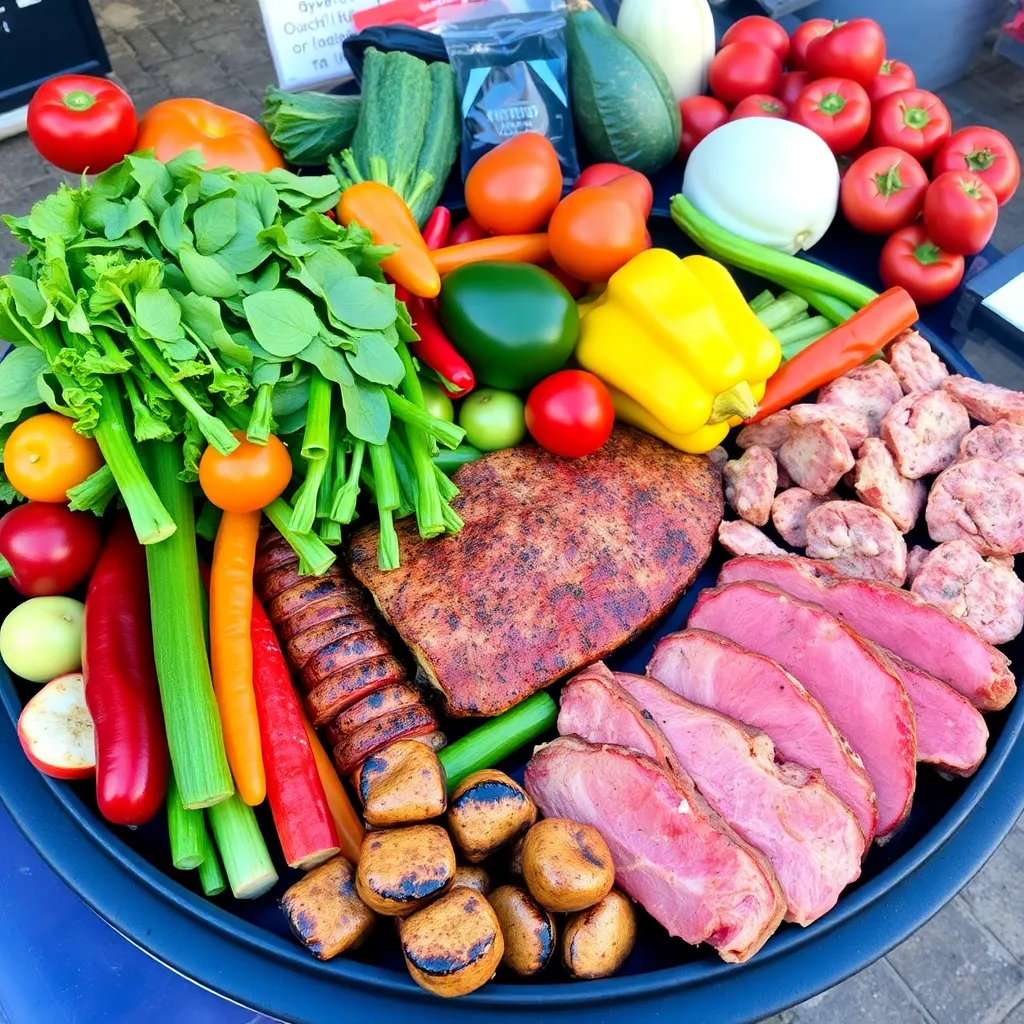 A colorful array of fresh vegetables and meats, ready for grilling