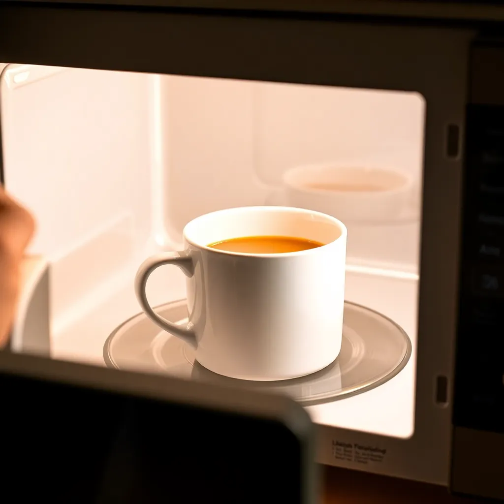 A mug being placed into a microwave, ready to be cooked.