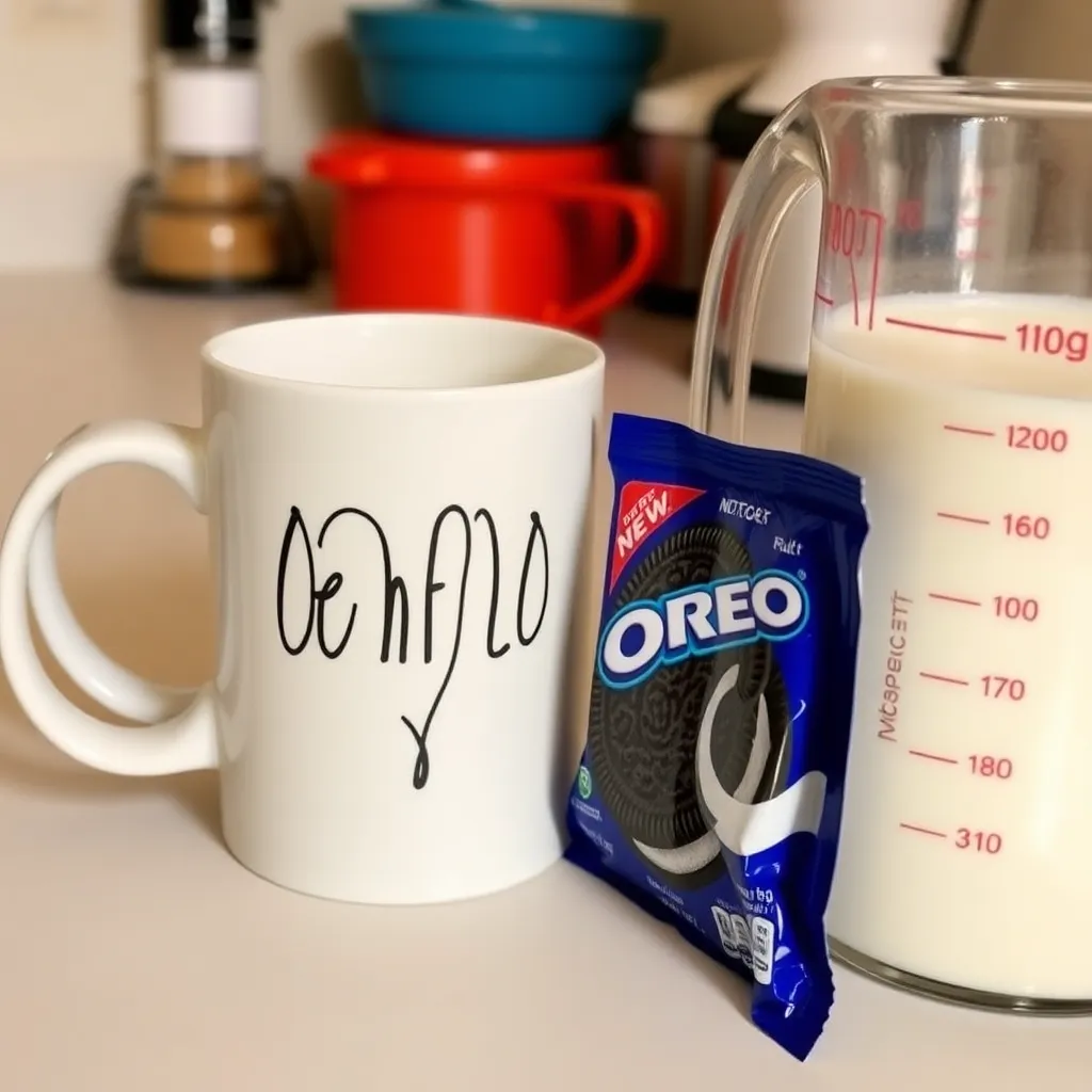 A cozy kitchen scene with a mug, packet of Oreo cookies, and a measuring jug of milk.