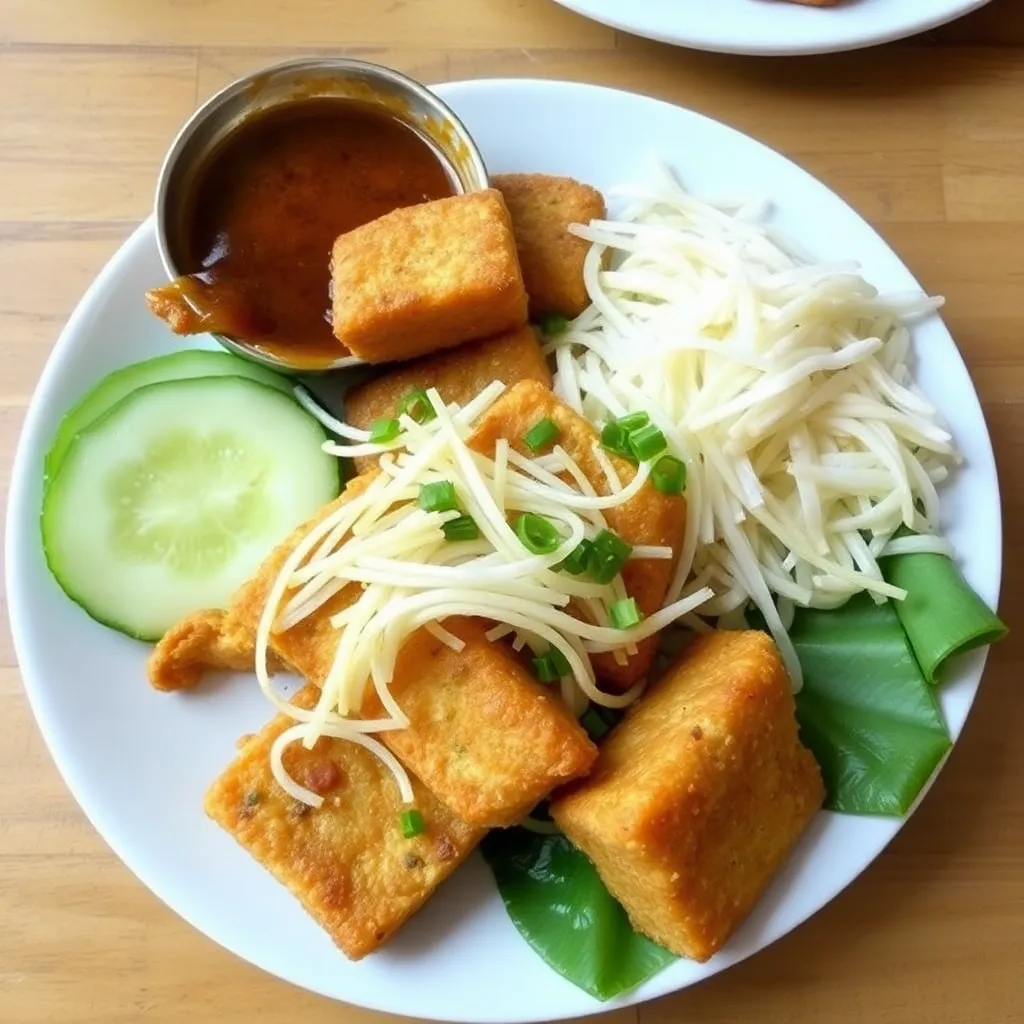 A plate of Tahu Goreng with fried tofu, bean sprouts, cucumber, and a savory sauce.