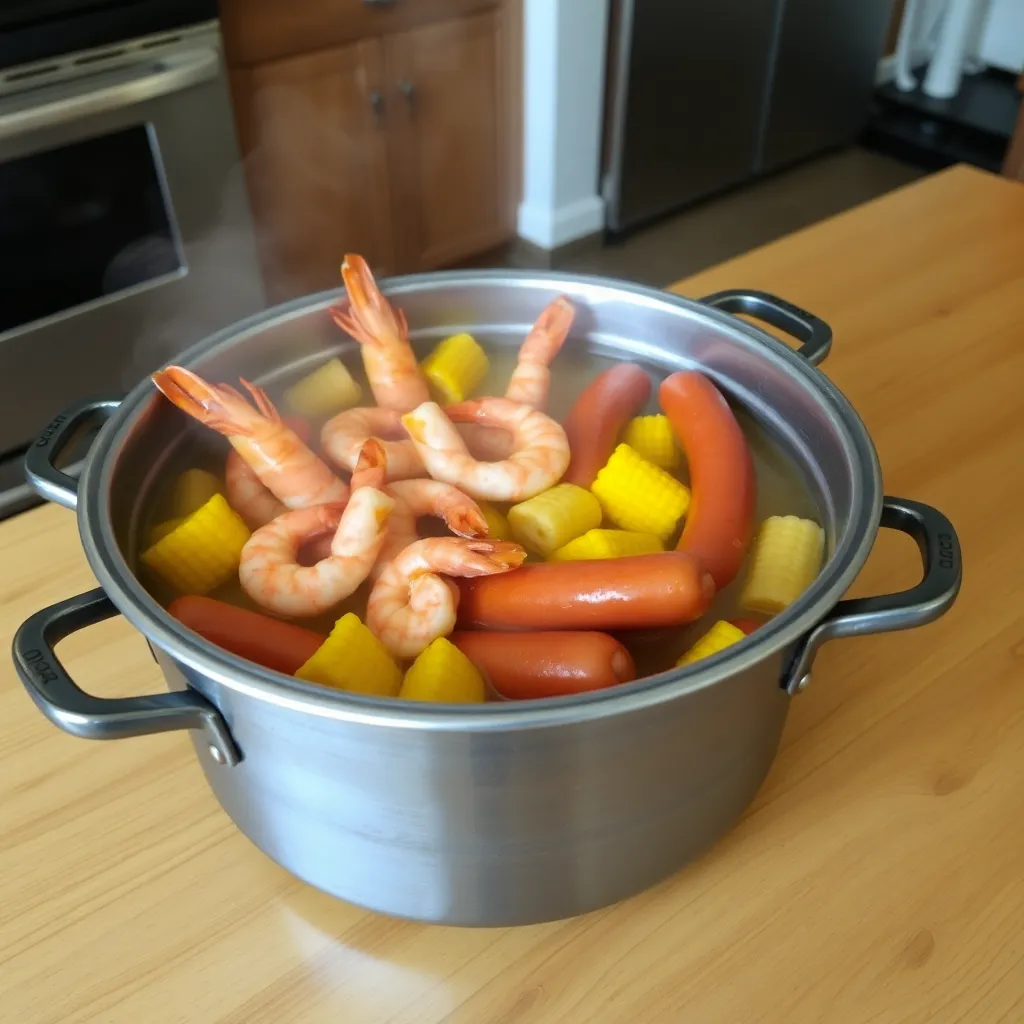 A steaming pot filled with shrimp, corn, and sausage sitting on a wooden kitchen table