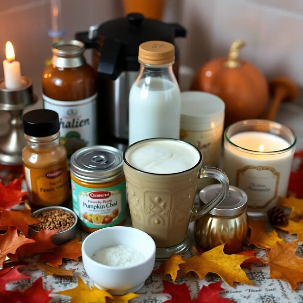 A cozy kitchen setting with various ingredients for making a pumpkin spice chai latte, such as spices, pumpkin puree, and milk, surrounded by autumn leaves and a lit candle.