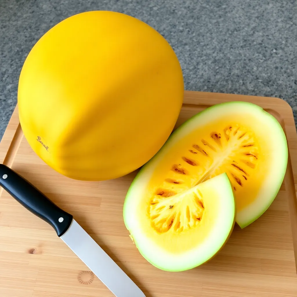 Display a ripe yellow watermelon cut open, revealing its vibrant yellow flesh alongside a knife on a wooden cutting board.