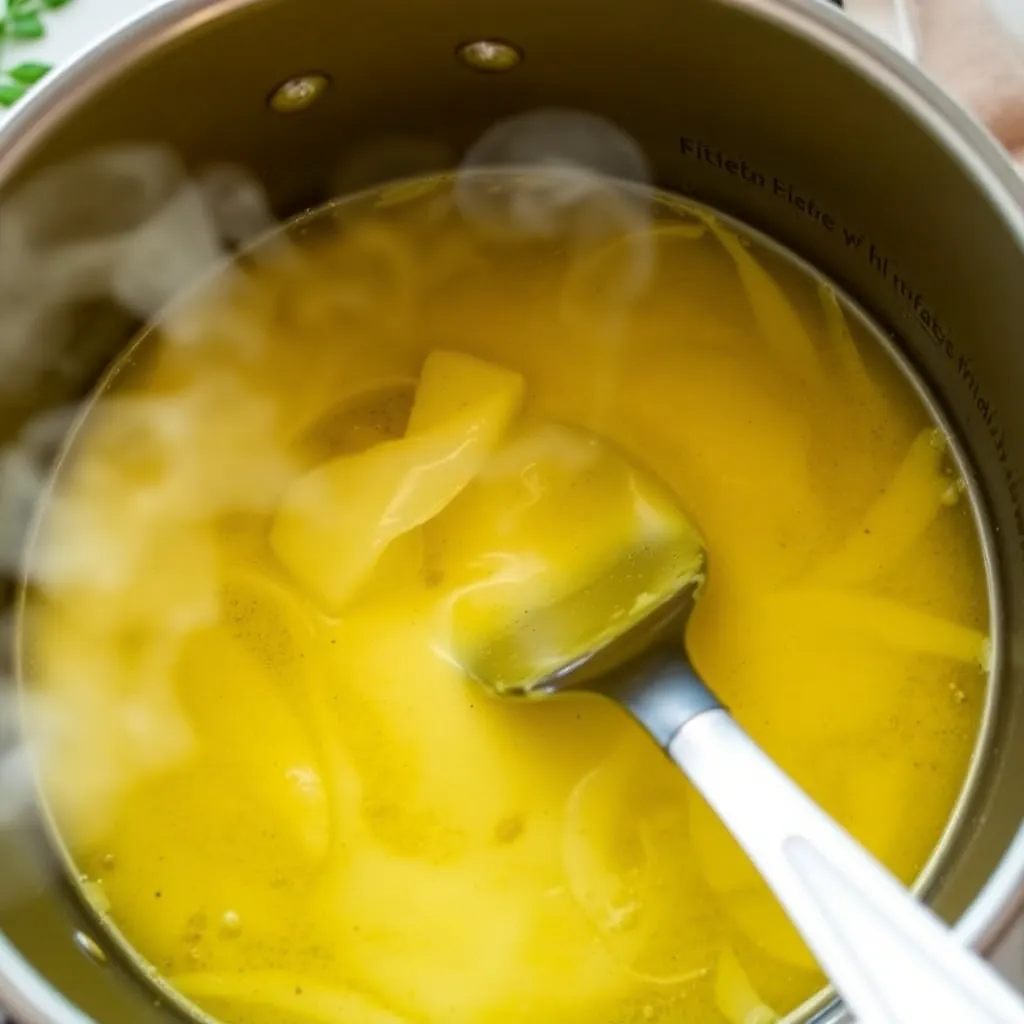 A close-up of a saucepan simmering lemon garlic butter sauce, with steam rising and fresh herbs visible around.