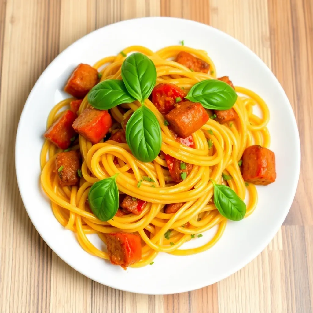 A colorful serving of sausage pasta on a white plate, with fresh basil leaves sprinkled on top.