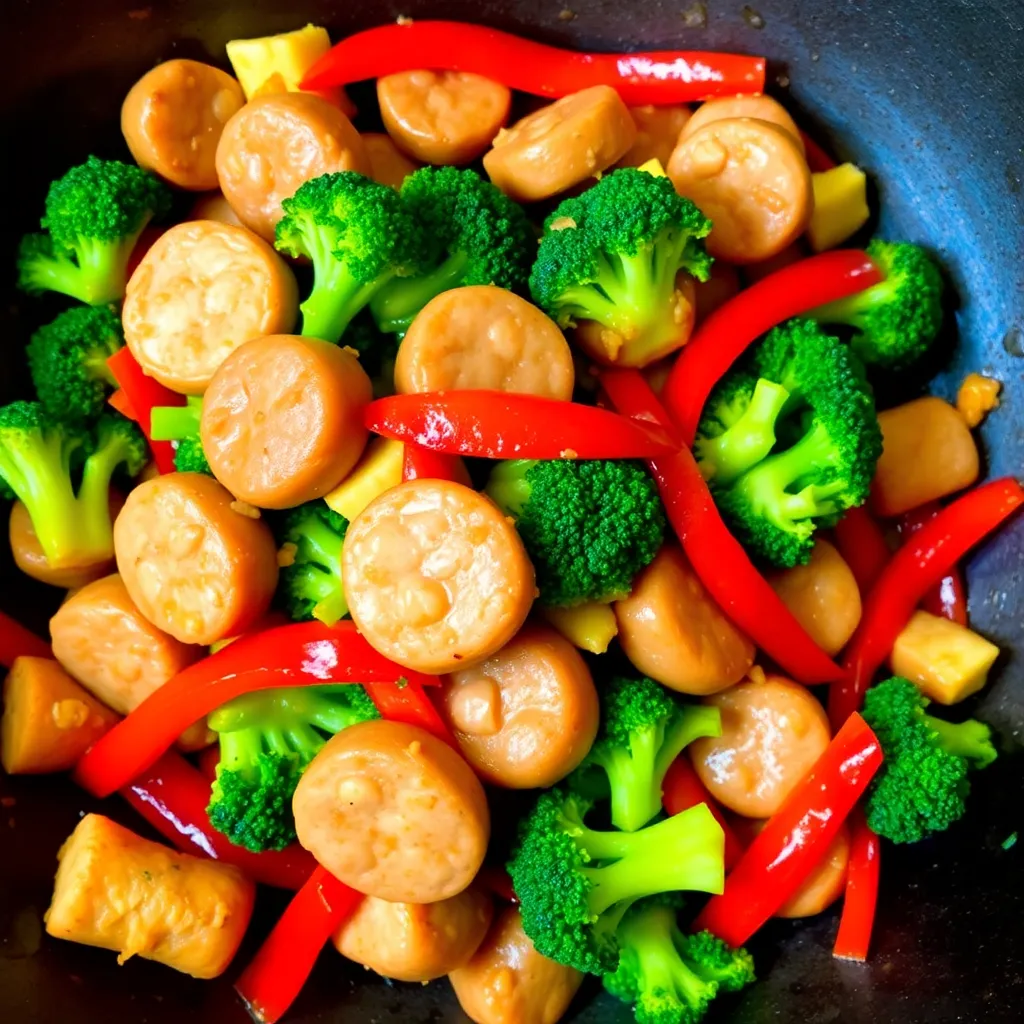 A vibrant stir-fry featuring sausage, red pepper, and broccoli in a wok, ready to be plated.