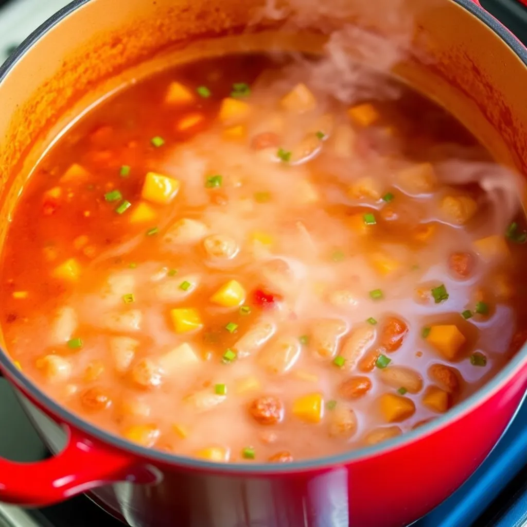 A vibrant vegetarian chili bubbling in a red pot with steam rising.