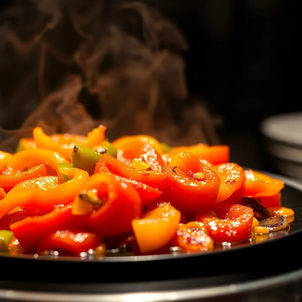 Show a close-up of a sizzling Pepper Lunch dish on a hot plate, displaying vibrant colors and steam rising.