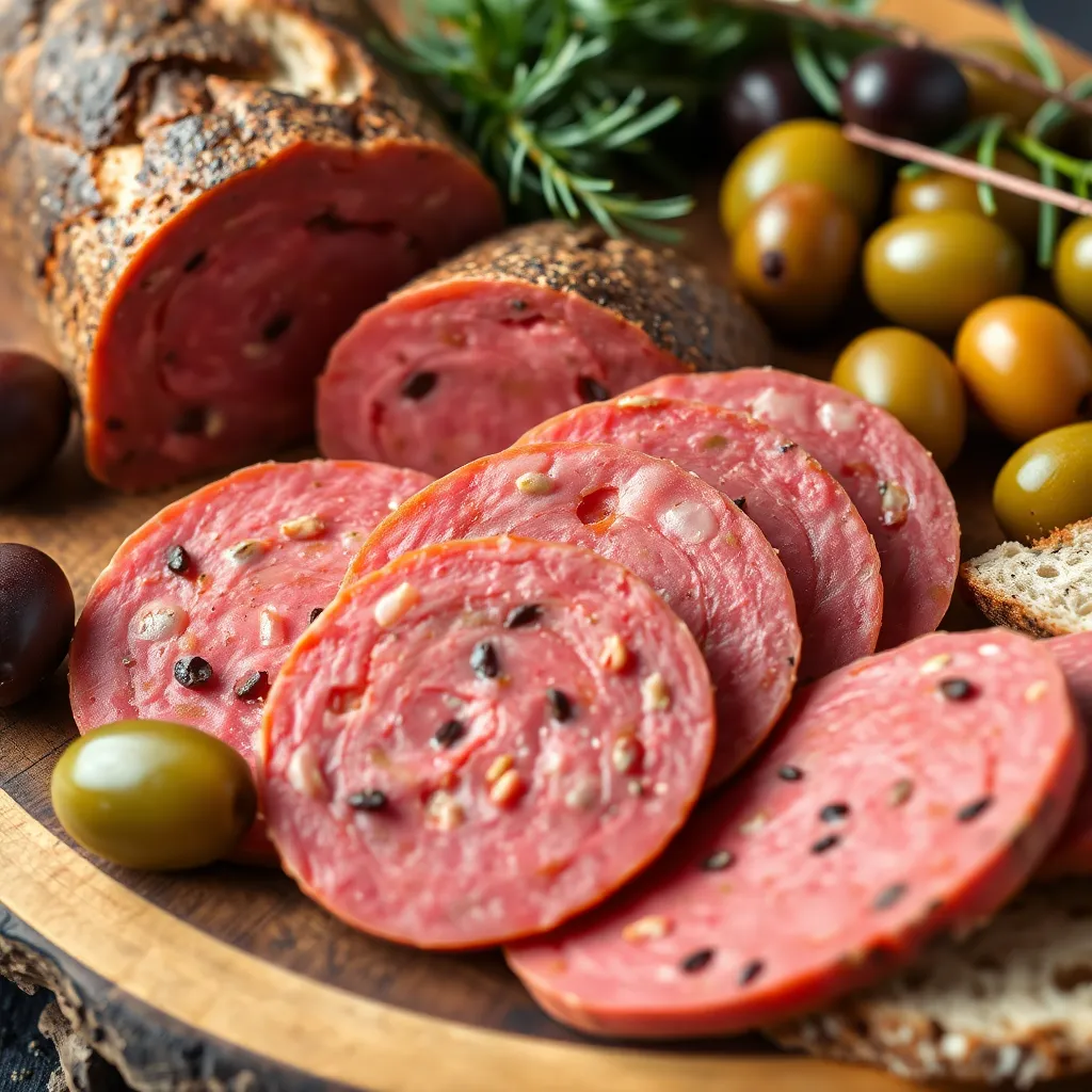 A close-up image of sliced mortadella with visible mustard seeds and peppercorns, arranged on a rustic wooden platter alongside olives and artisan bread.