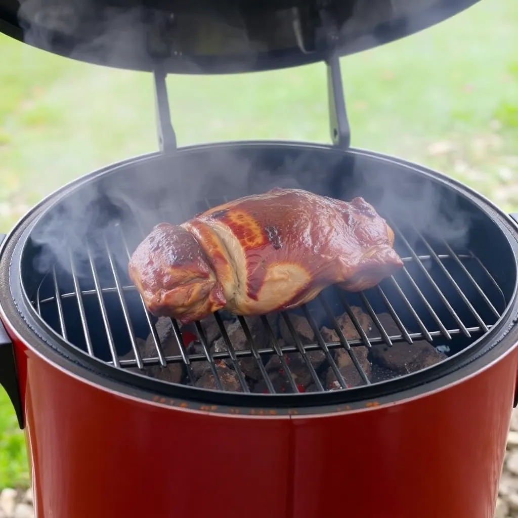 A smoking grill with a meatloaf being placed inside.