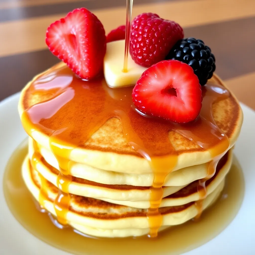 A stack of golden-brown pancakes drizzled with maple syrup, topped with a pat of butter and garnished with fresh berries.