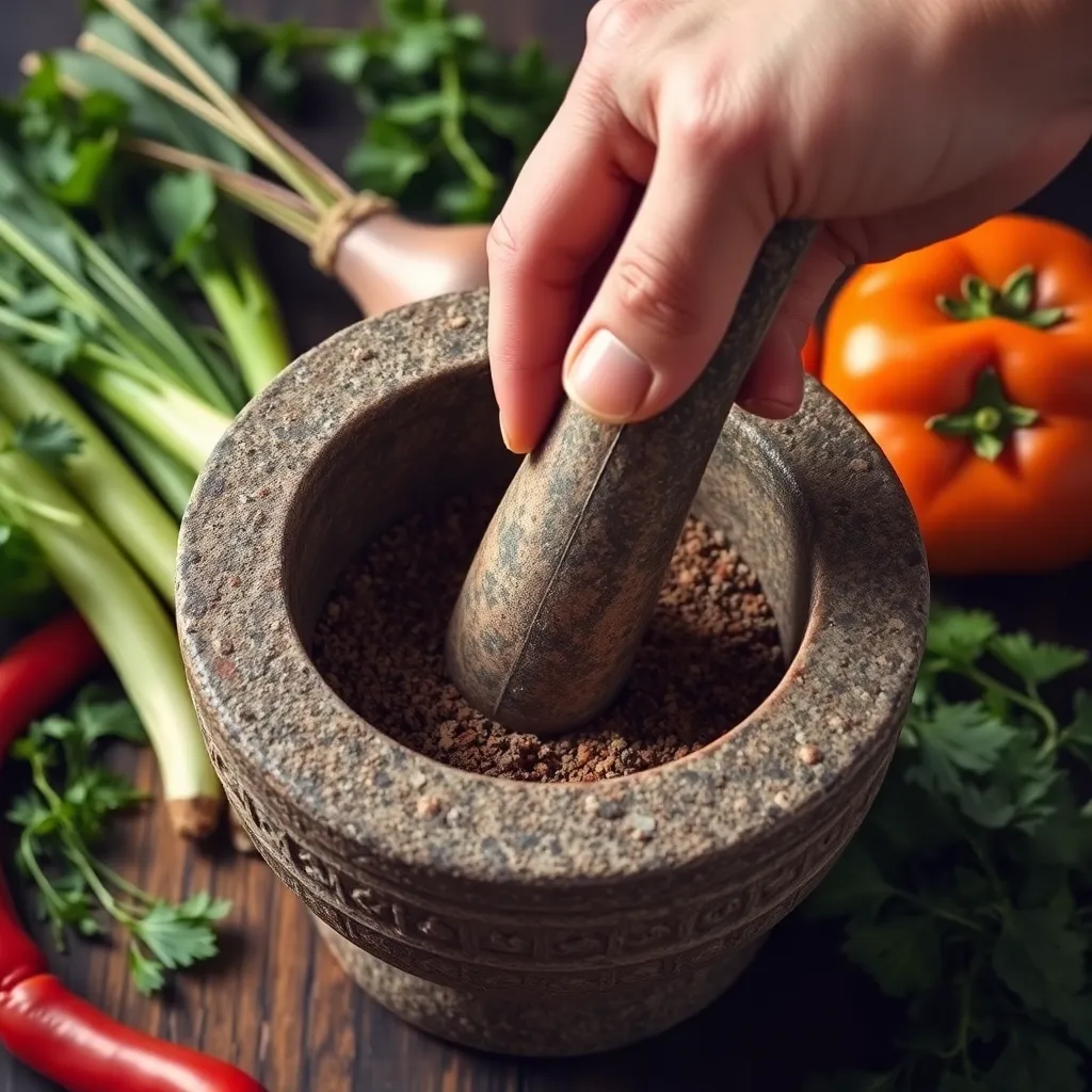 An up-close shot of a hand using a traditional stone mortar and pestle to grind spices, surrounded by fresh vegetables and herbs.