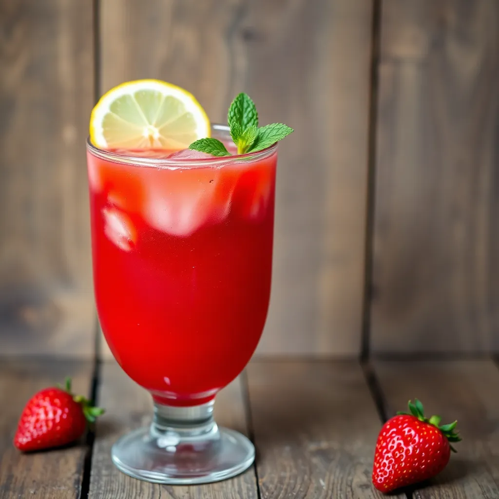 A vibrant strawberry juice in a glass with a sprig of mint and a slice of lemon on the rim, set against a rustic wooden background.