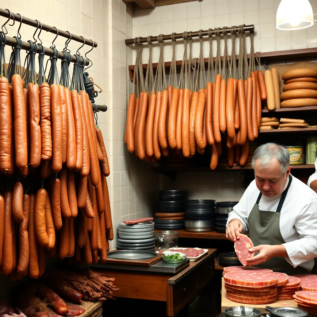 A traditional butcher shop with hanging sausages and a skilled artisan preparing mortadella