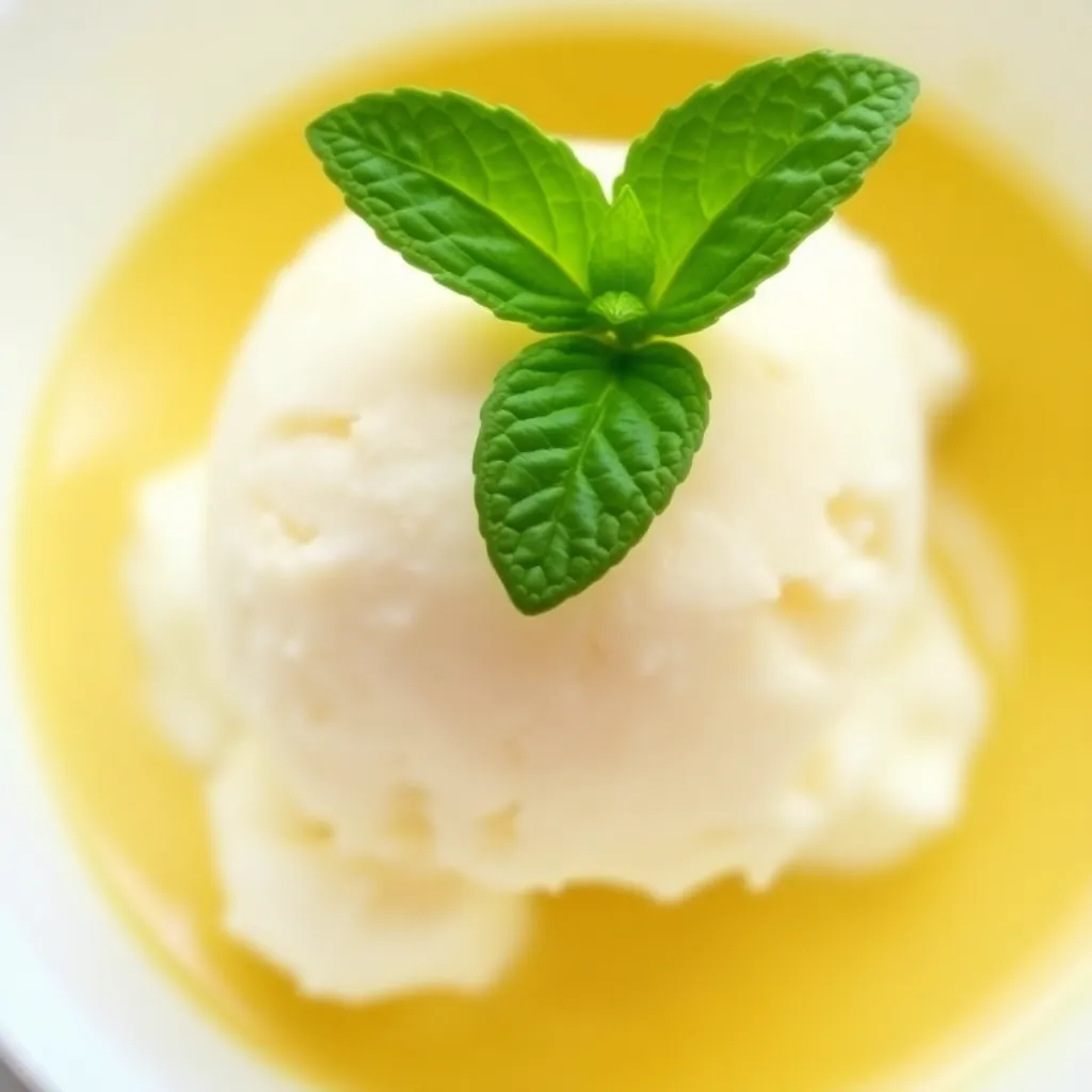 A scoop of vanilla ice cream in a bowl, garnished with a mint leaf.