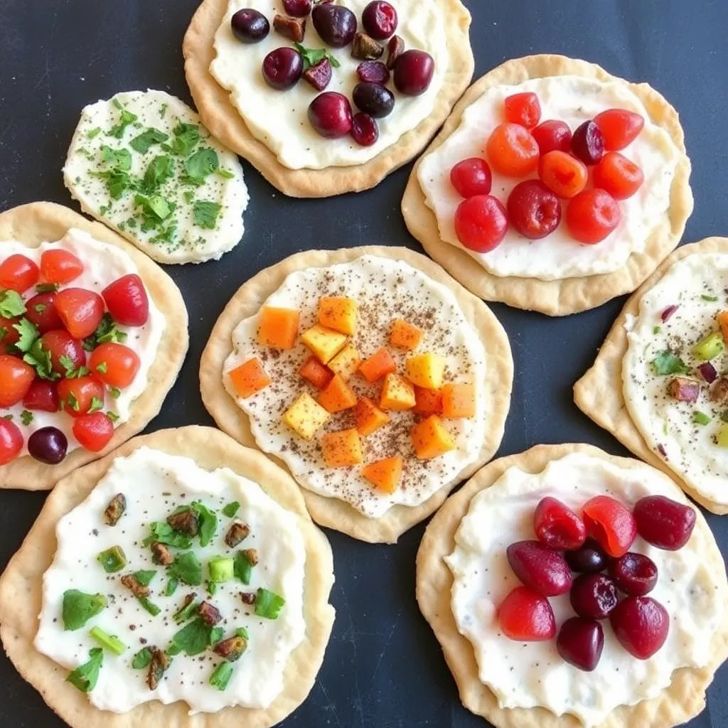 Show a variety of cottage cheese flatbreads with different toppings like herbs, spices, and fruits.