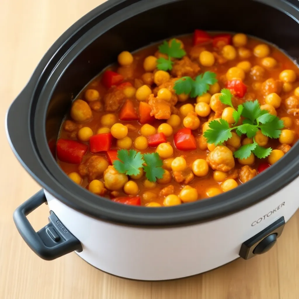 A colorful vegetable curry in a slow cooker, with chickpeas, bell peppers, and a garnish of fresh cilantro, set on a wooden table.