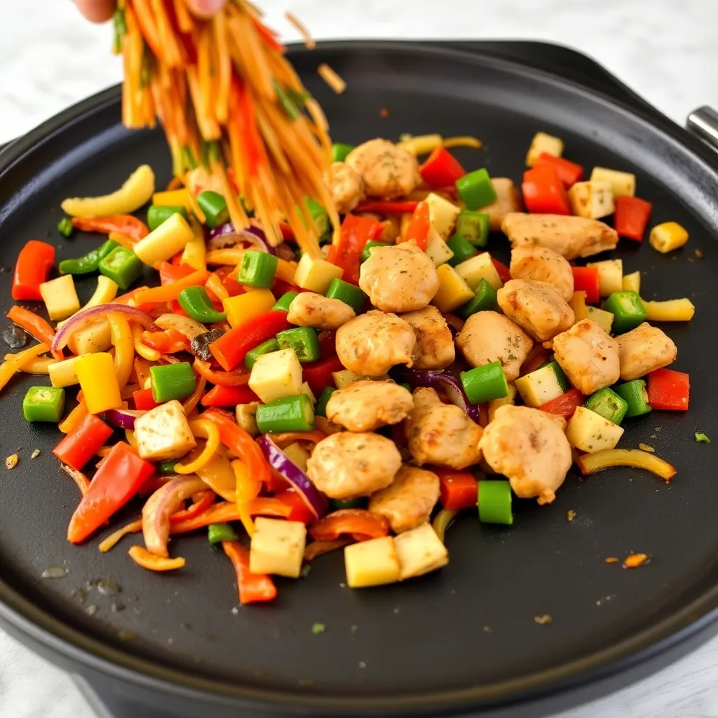 A vibrant stir fry with colorful vegetables and chicken being tossed on a Blackstone griddle.