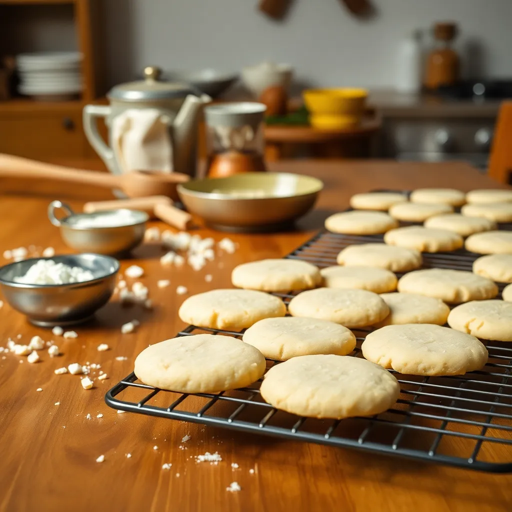 A cozy kitchen scene with baking ingredients scattered on a wooden table and a batch of freshly baked sugar cookies cooling on a rack.