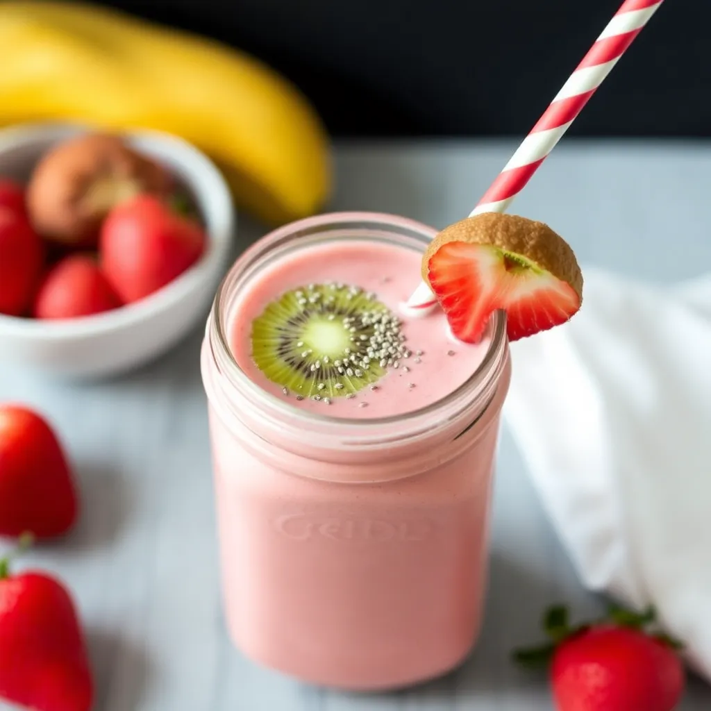 A smoothie version of the strawberry kiwi juice in a mason jar, topped with chia seeds and a slice of kiwi.