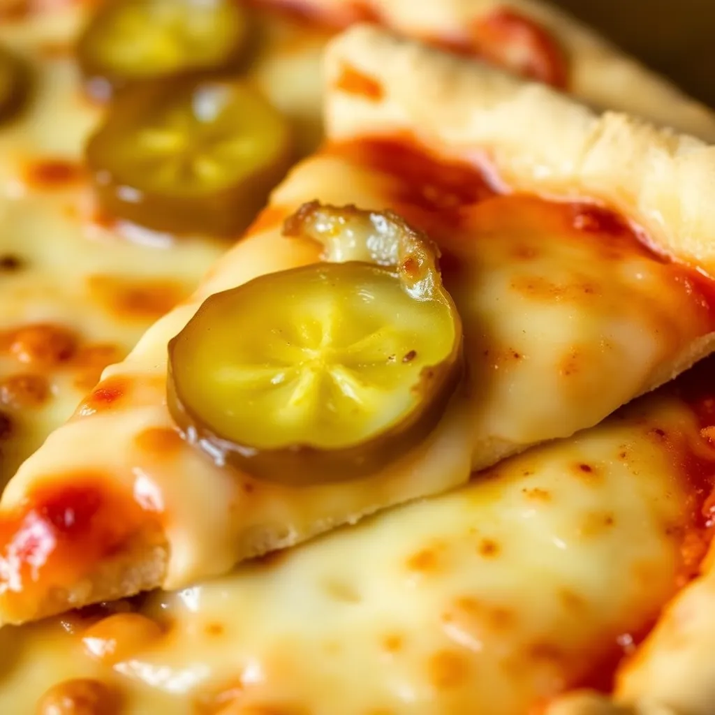 A close-up of a slice of pickle pie pizza, highlighting the melted cheese, tangy pickles, and golden crust.