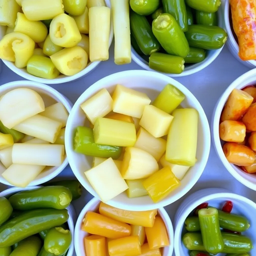 A collection of different pickle types, such as dill, bread and butter, and spicy, displayed in small bowls.