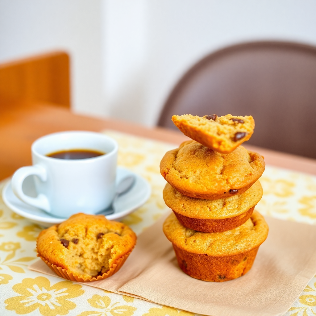 A stack of golden-brown muffins on a breakfast table with a cup of coffee.