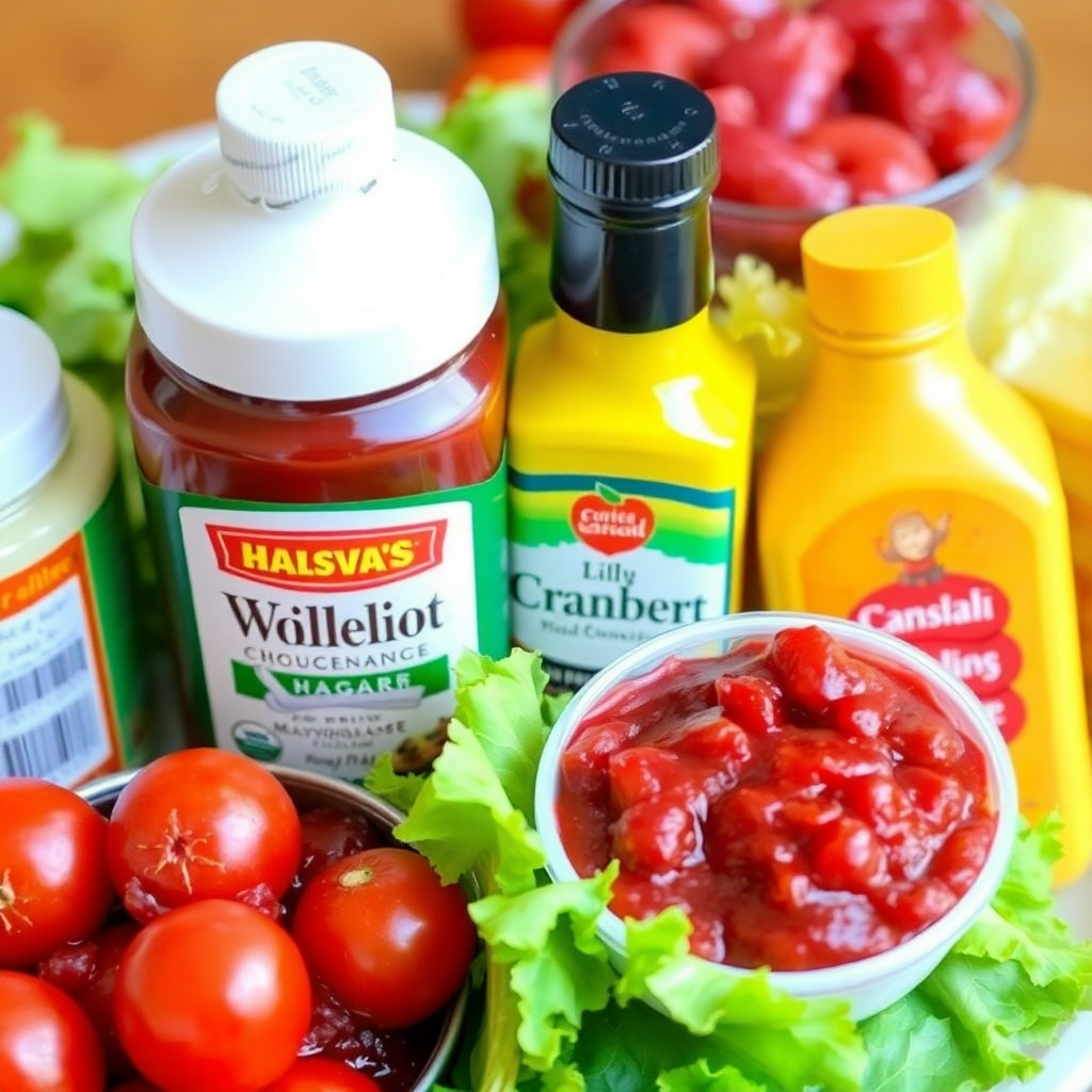 An assortment of condiments including mayonnaise, mustard, and cranberry sauce with fresh vegetables like lettuce and tomatoes.