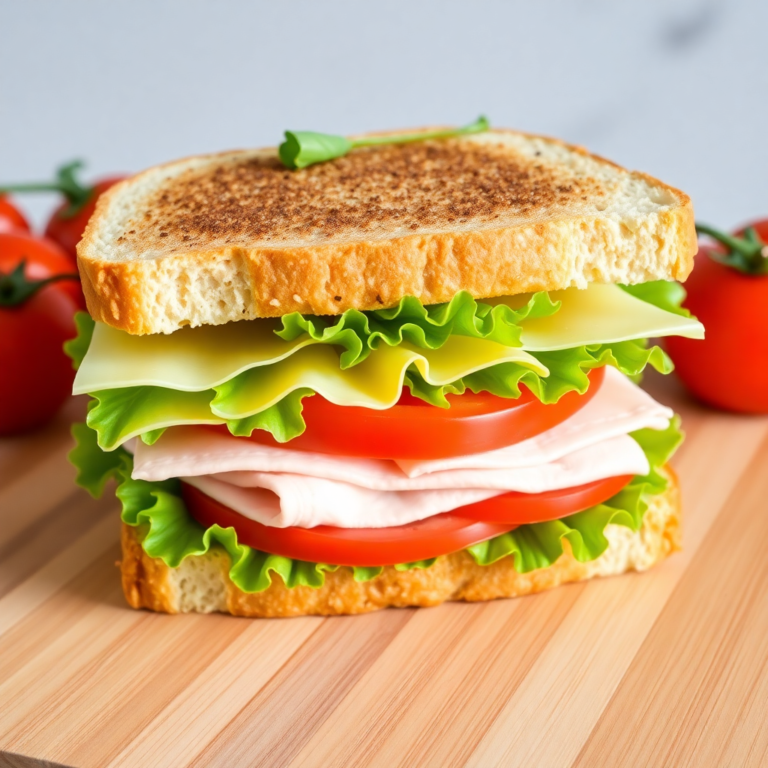 A beautifully arranged turkey sandwich with layers of Swiss cheese, fresh lettuce, and juicy tomatoes on a wooden cutting board.