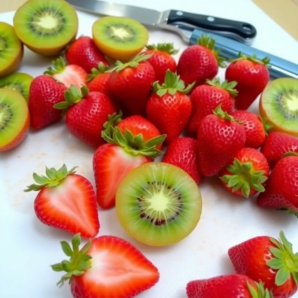 Fresh strawberries and kiwis scattered around a cutting board, with a knife and peeler in the background.Fresh strawberries and kiwis scattered around a cutting board, with a knife and peeler in the background.